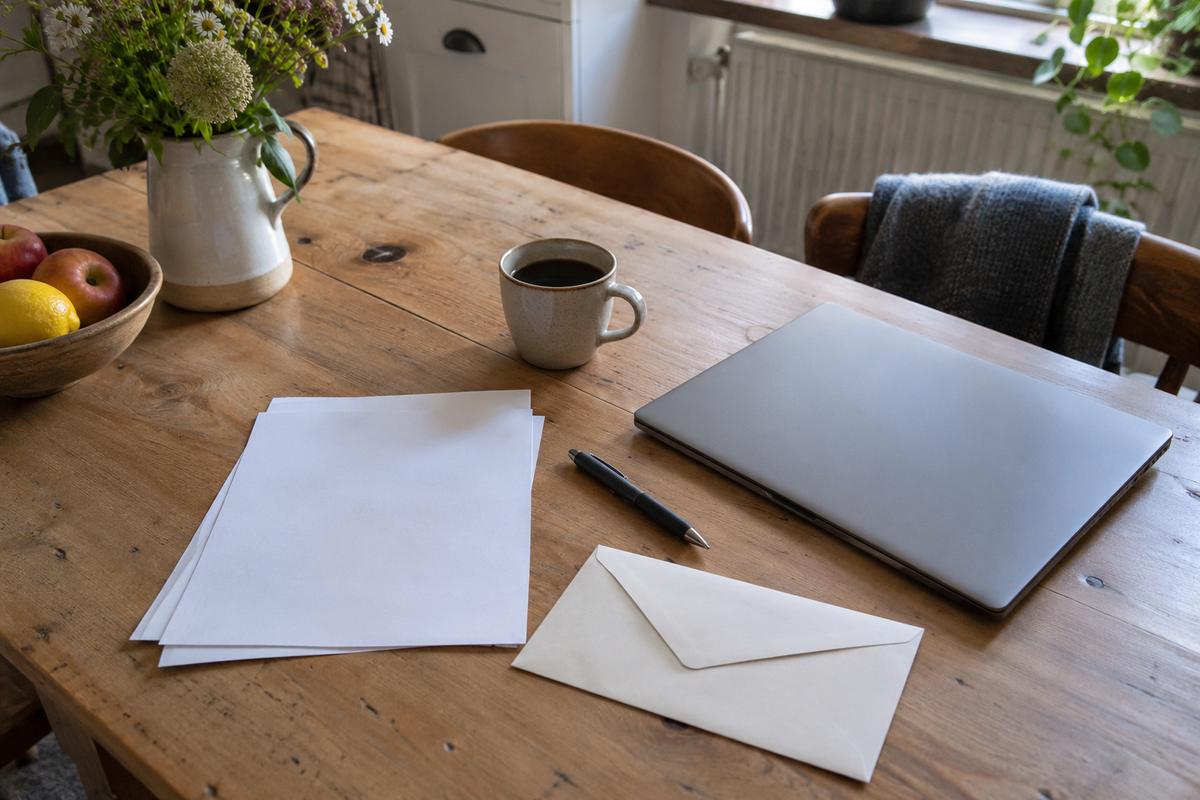 Keukentafel met een dichtgeklapte laptop, een kop koffie, een pen, blanco papier en een envelop