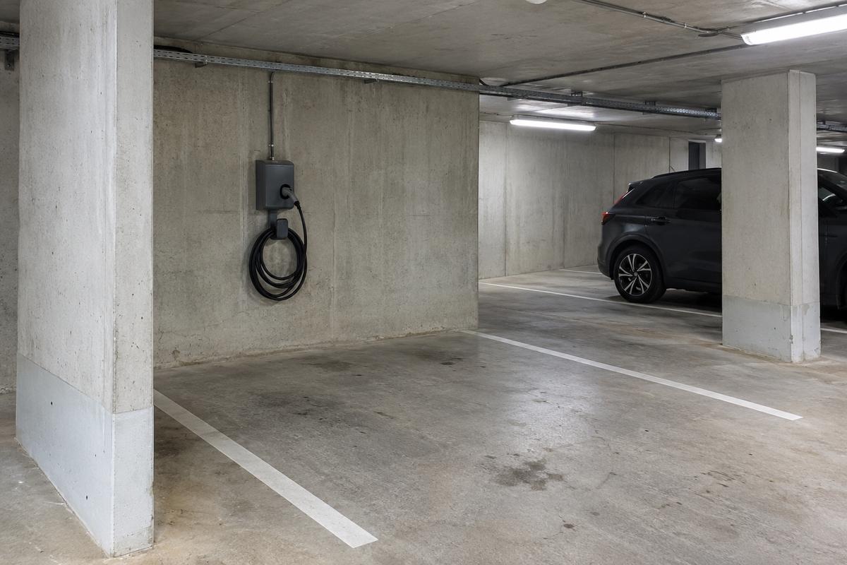 Parkeergarage onder een appartementengebouw met een grijze laadpaal aan de betonnen wand en een opgerolde laadkabel naast een parkeervak