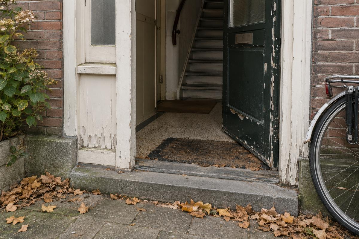 Openstaande, verweerde groene voordeur van een portiek met afbladderende verf, een trap naar boven, herfstbladeren op de stoep en een fiets