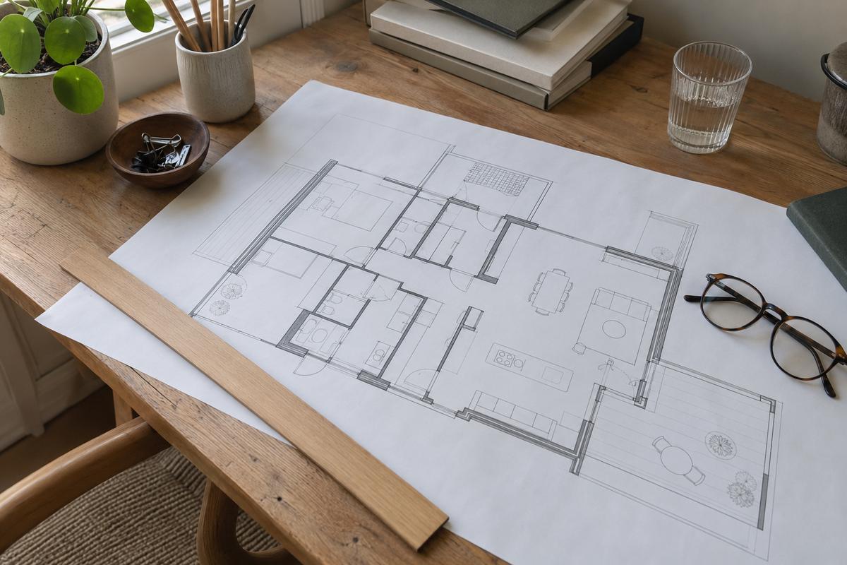 Plattegrond van een appartement op een houten bureau, met een liniaal, een leesbril en een glas water